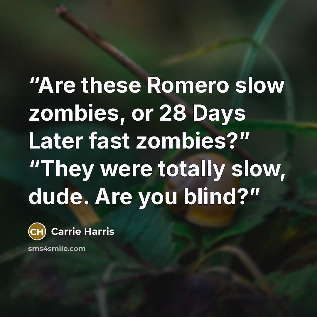 “Are these Romero slow zombies, or 28 Days Later fast zombies?” “They were totally slow, dude. Are you blind?” quote by Carrie Harris