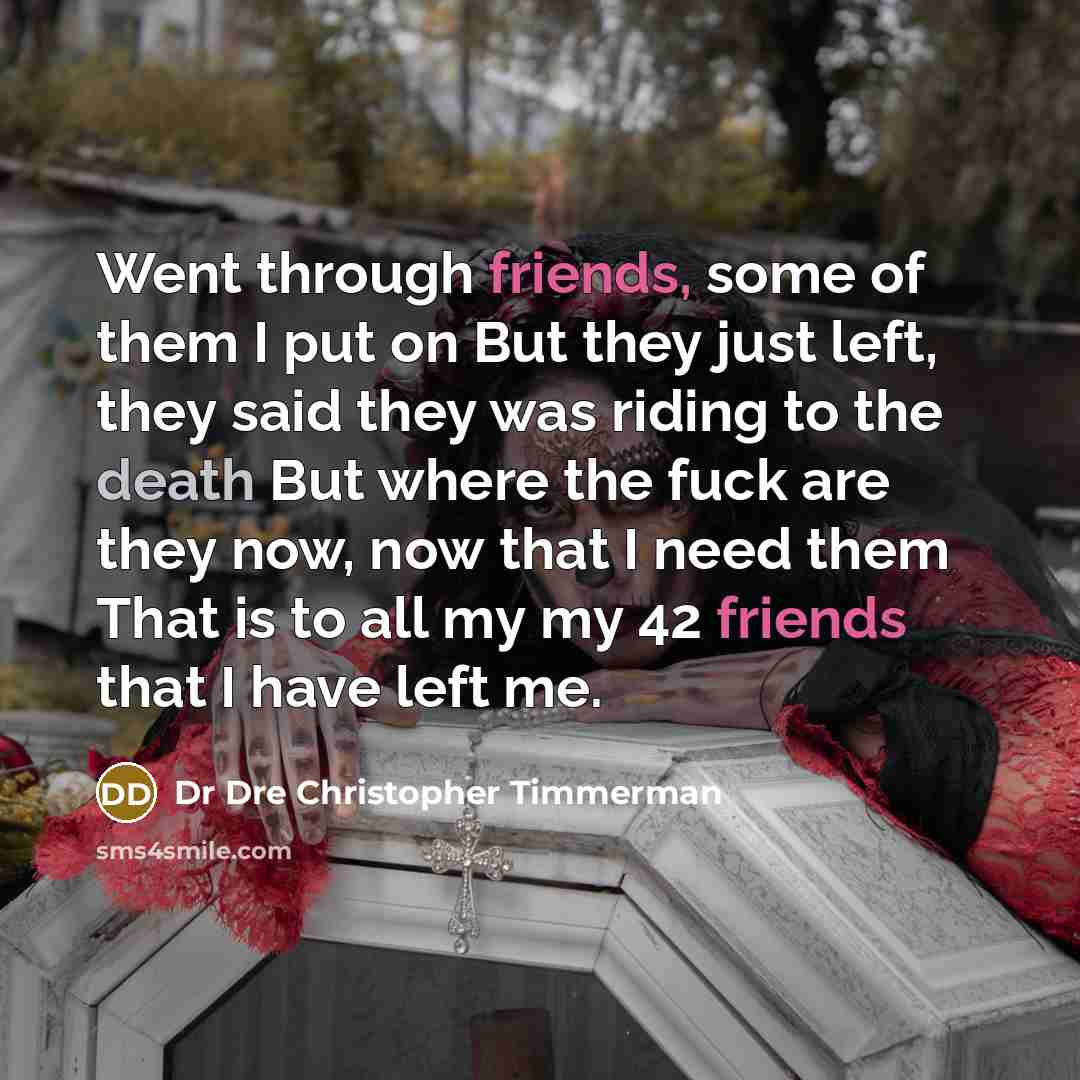 “Went through friends, some of them I put on But they just left, they said they was riding to the death But where the fuck are they now, now that I need them That is to all my my 42 friends that I have left me.” quote by Dr Dre Christopher Timmerman