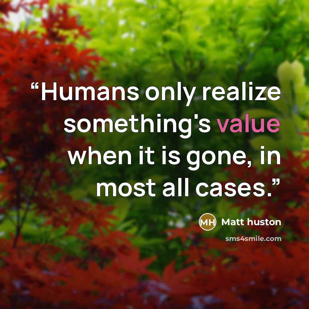 “Humans only realize something's value when it is gone, in most all cases.” quote by Matt huston
