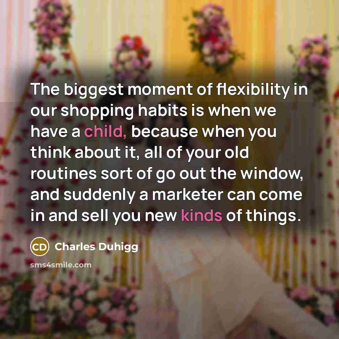 “The biggest moment of flexibility in our shopping habits is when we have a child, because when you think about it, all of your old routines sort of go out the window, and suddenly a marketer can come in and sell you new kinds of things.” quote by Charles Duhigg