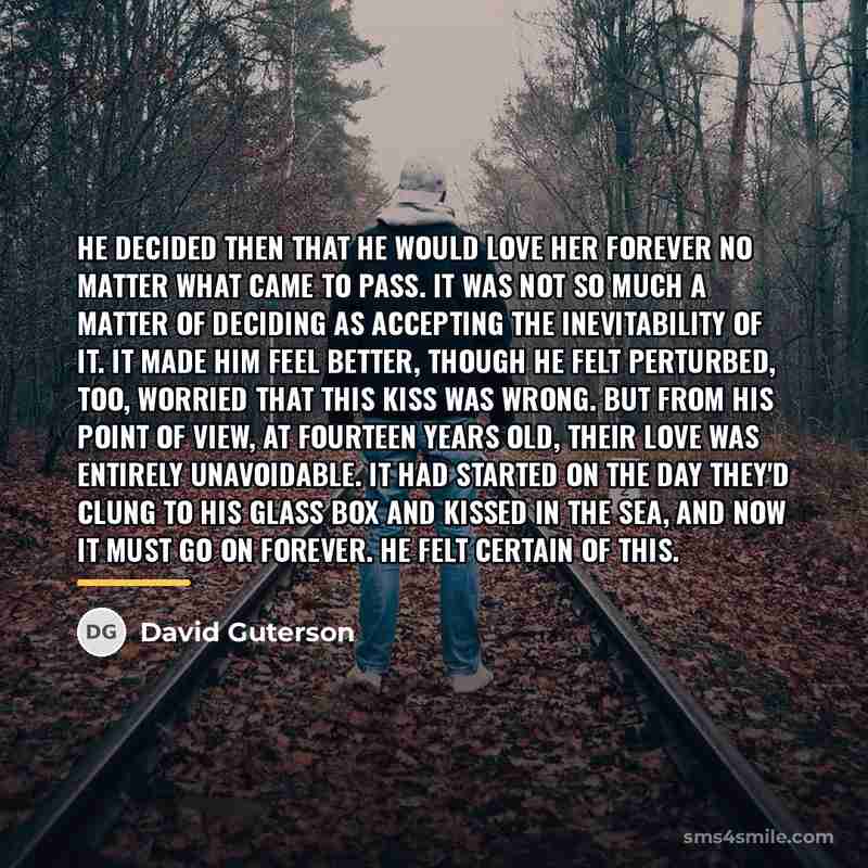“He decided then that he would love her forever no…” quote by David Guterson