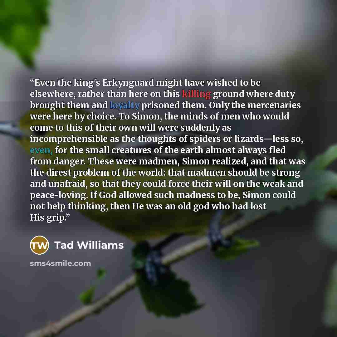 “Even the king's Erkynguard might have wished to be elsewhere, rather than here on this killing ground where duty brought them and loyalty prisoned them. Only the mercenaries were here by choice. To Simon, the minds of men who would come to this of their own will were suddenly as incomprehensible…” quote by Tad Williams