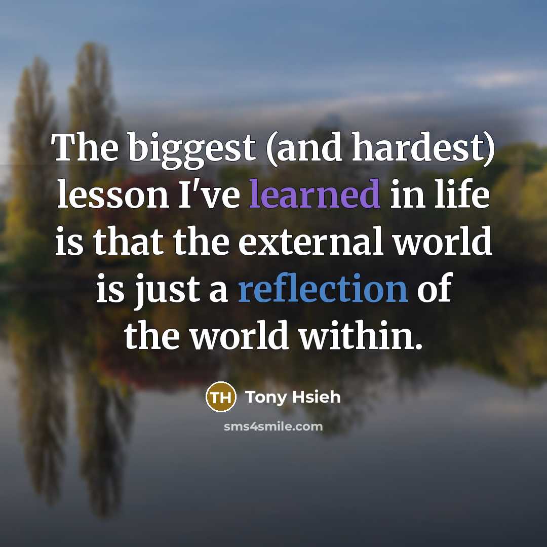 “The biggest (and hardest) lesson I've learned in life is that the external world is just a reflection of the world within.” quote by Tony Hsieh