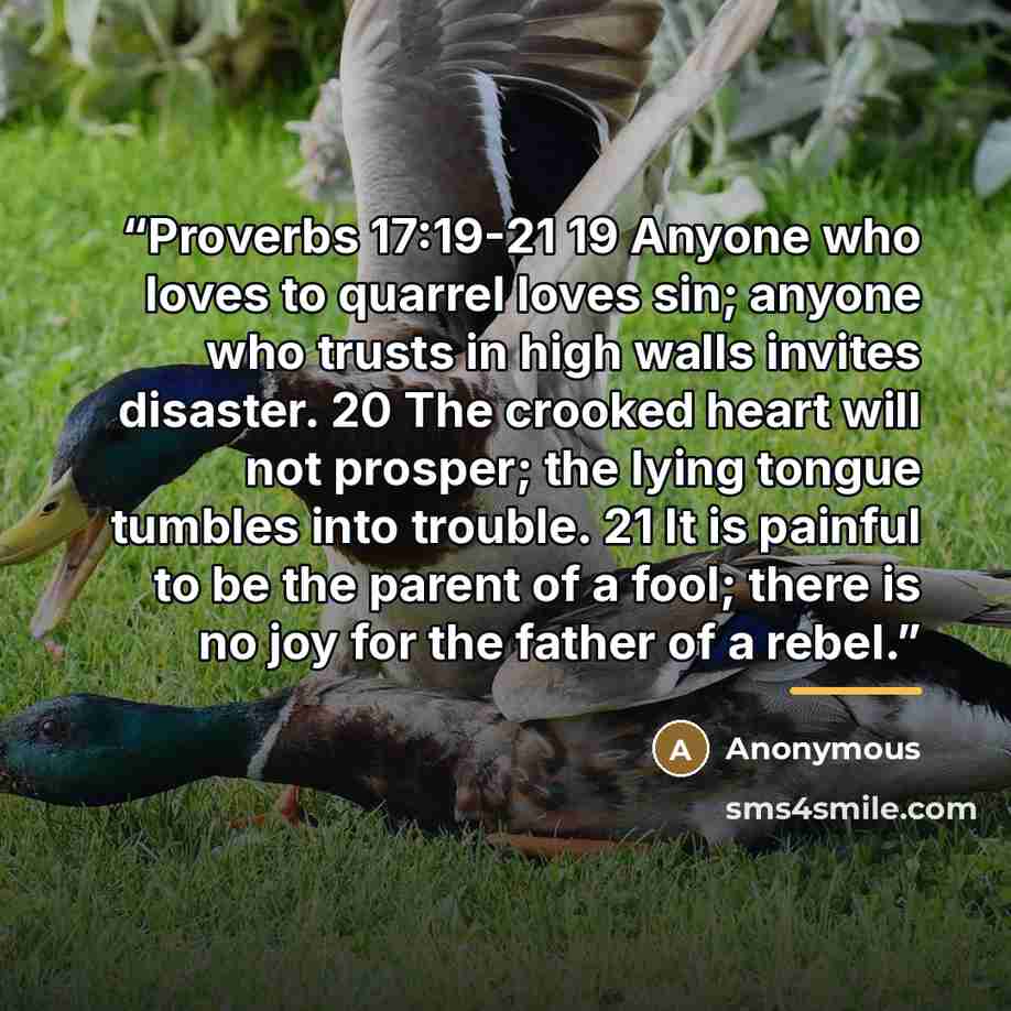“Proverbs 17:19-21 19 Anyone who loves to quarrel loves sin; anyone who trusts in high walls invites disaster. 20 The crooked heart will not prosper; the lying tongue tumbles into trouble. 21 It is painful to be the parent of a fool; there is no joy for the father of a rebel.” quote by Anonymous