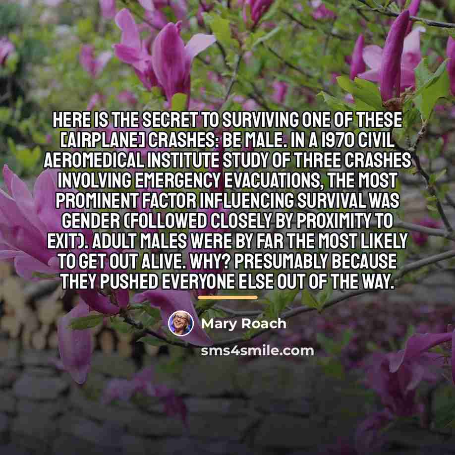 “Here is the secret to surviving one of these [airplane]…” quote by Mary Roach