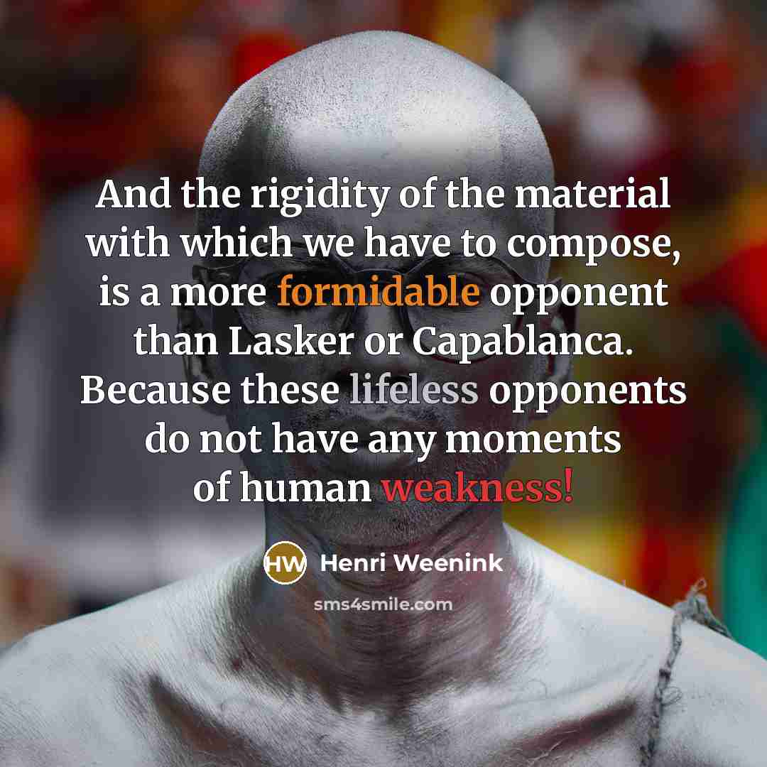 “And the rigidity of the material with which we have to compose, is a more formidable opponent than Lasker or Capablanca. Because these lifeless opponents do not have any moments of human weakness!” quote by Henri Weenink