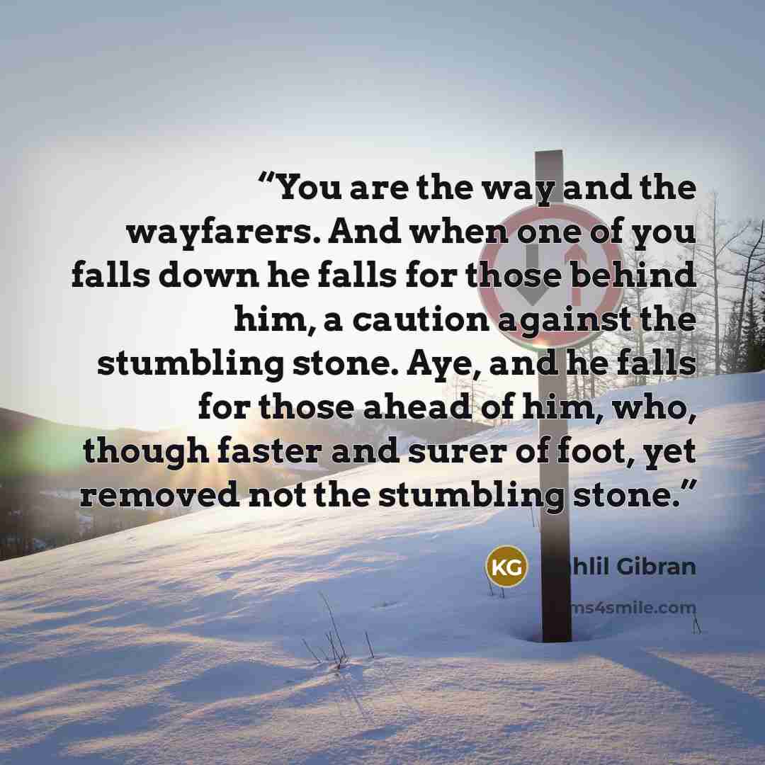 “You are the way and the wayfarers. And when one of you falls down he falls for those behind him, a caution against the stumbling stone. Aye, and he falls for those ahead of him, who, though faster and surer of foot, yet removed not the stumbling stone.” quote by Kahlil Gibran