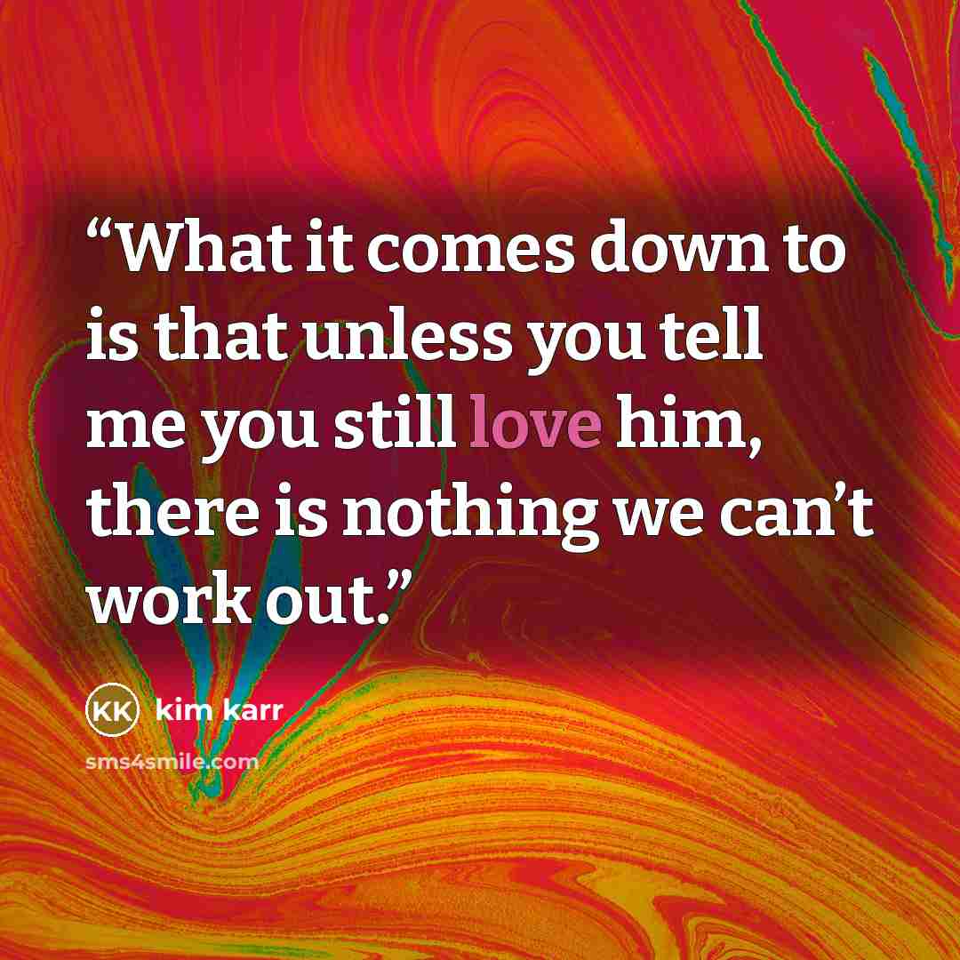 “What it comes down to is that unless you tell me you still love him, there is nothing we can’t work out.” quote by Kim Karr