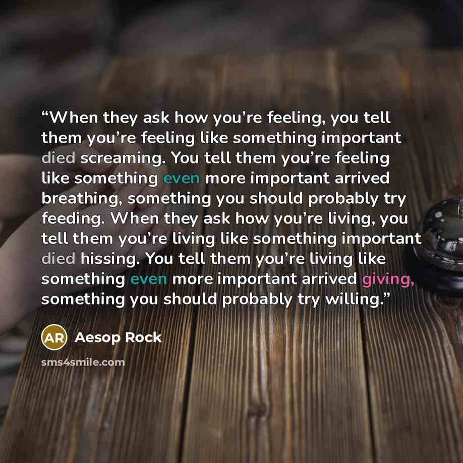 “When they ask how you’re feeling, you tell them you’re feeling like something important died screaming. You tell them you’re feeling like something even more important arrived breathing, something you should probably try feeding. When they ask how you’re living, you tell them you’re living like…” quote by Aesop Rock