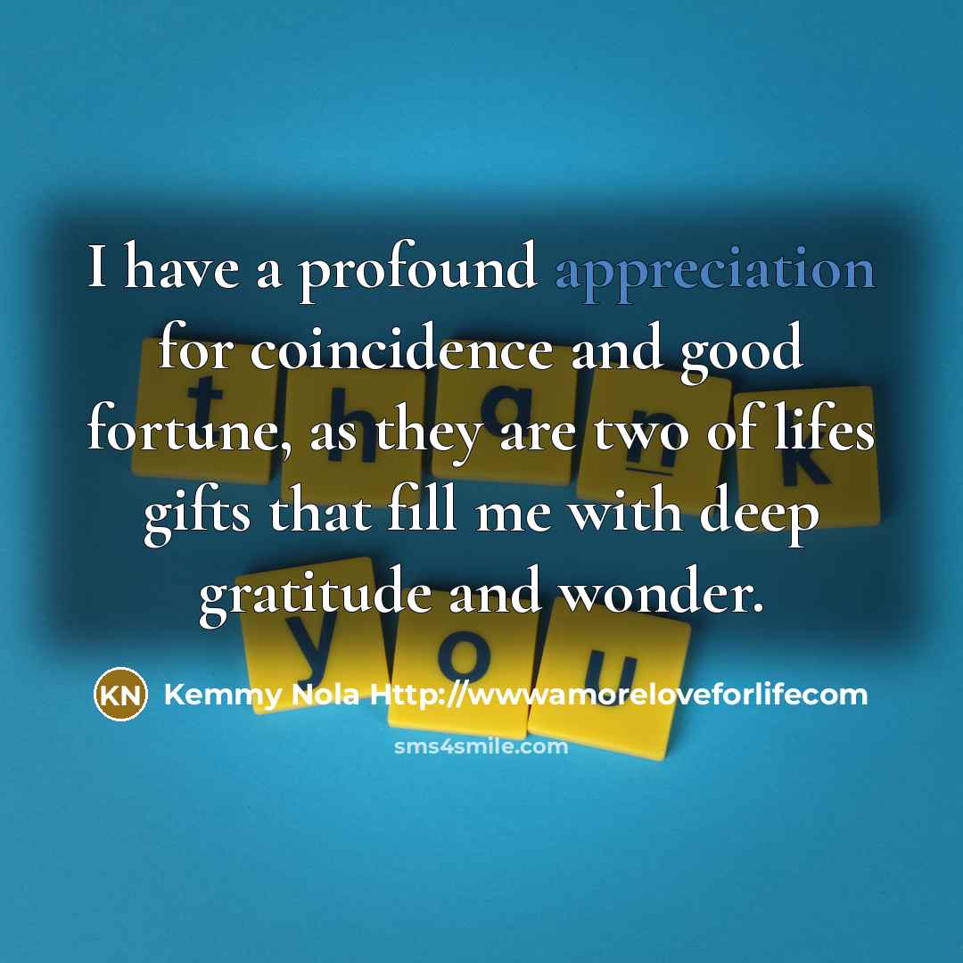 “I have a profound appreciation for coincidence and good fortune,…” quote by Kemmy Nola Http://wwwamoreloveforlifecom