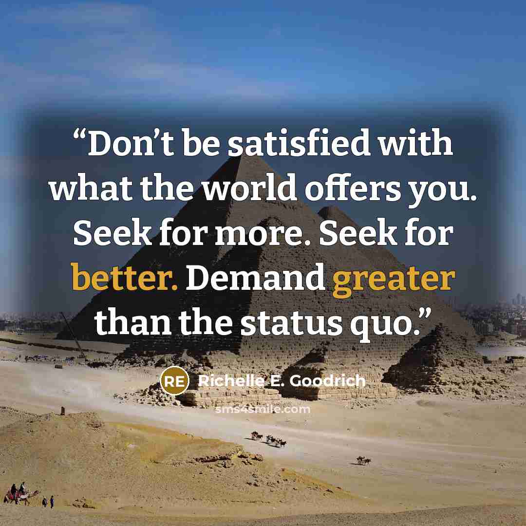 “Don’t be satisfied with what the world offers you. Seek for more. Seek for better. Demand greater than the status quo.” quote by Richelle E. Goodrich