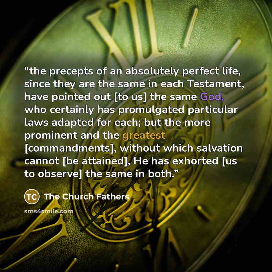 “the precepts of an absolutely perfect life, since they are the same in each Testament, have pointed out [to us] the same God, who certainly has promulgated particular laws adapted for each; but the more prominent and the greatest [commandments], without which salvation cannot [be attained], He has…” quote by The Church Fathers