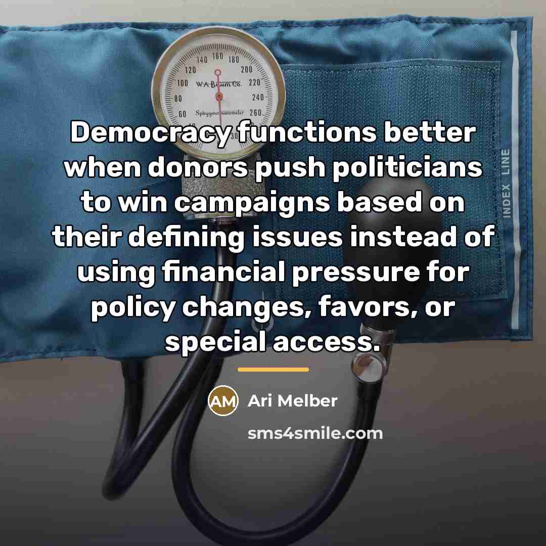 “Democracy functions better when donors push politicians to win campaigns…” quote by Ari Melber