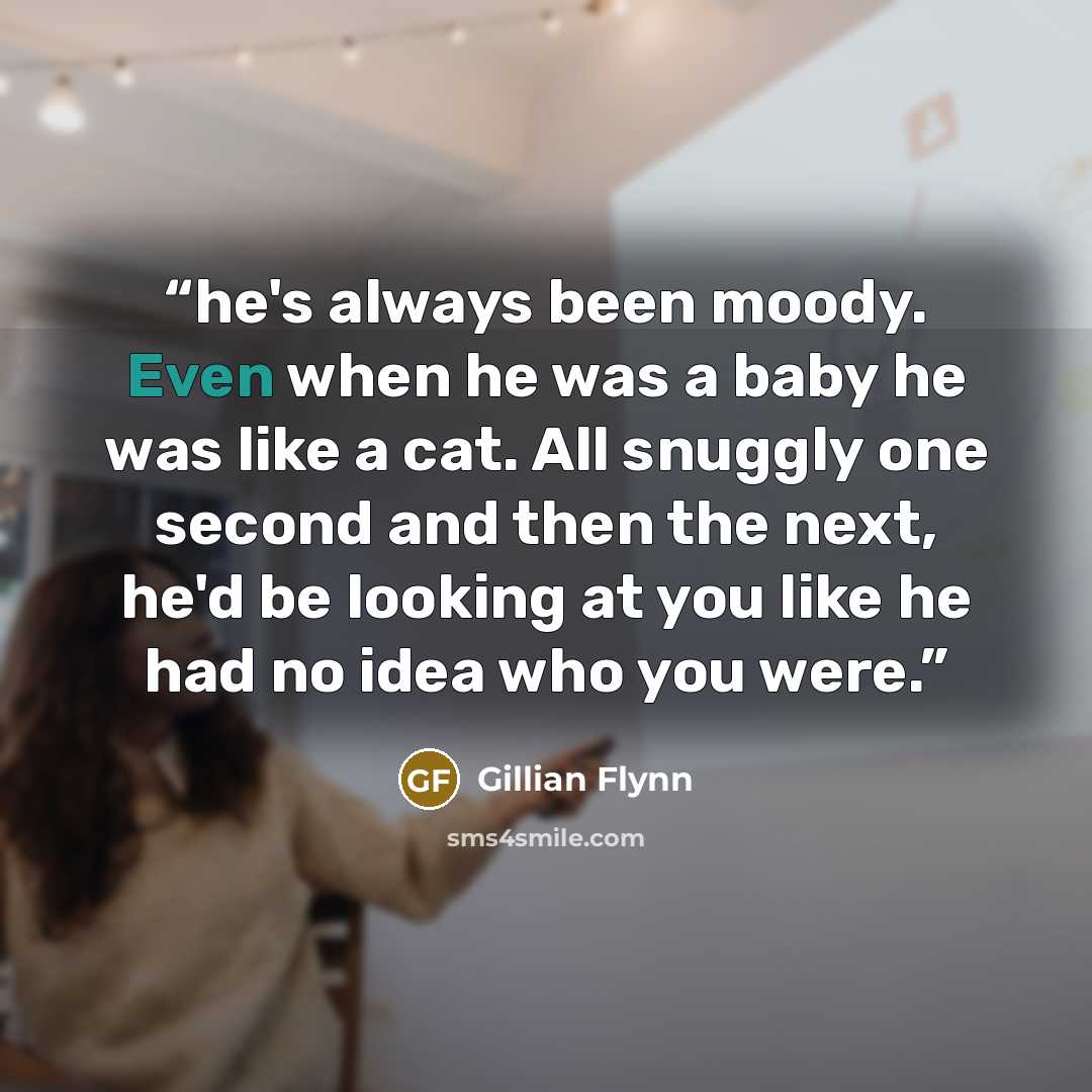“he's always been moody. Even when he was a baby he was like a cat. All snuggly one second and then the next, he'd be looking at you like he had no idea who you were.” quote by Gillian Flynn