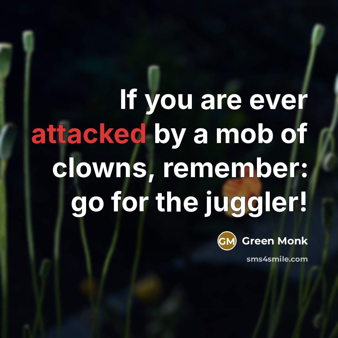 “If you are ever attacked by a mob of clowns, remember: go for the juggler!” quote by Green Monk
