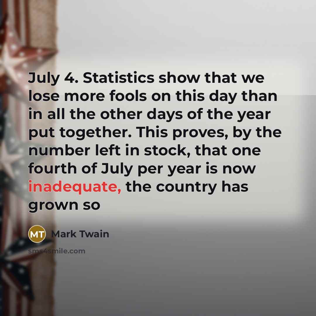 “July 4. Statistics show that we lose more fools on…” quote by Mark Twain