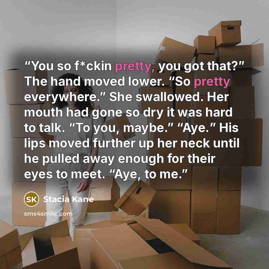 “You so f*ckin pretty, you got that?” The hand moved lower. “So pretty everywhere.” She swallowed. Her mouth had gone so dry it was hard to talk. “To you, maybe.” “Aye.” His lips moved further up her neck until he pulled away enough for their eyes to meet. “Aye, to me.” quote by Stacia Kane