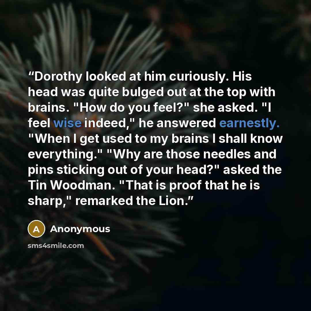 “Dorothy looked at him curiously. His head was quite bulged out at the top with brains. "How do you feel?" she asked. "I feel wise indeed," he answered earnestly. "When I get used to my brains I shall know everything." "Why are those needles and pins sticking out of your head?" asked the Tin…” quote by Anonymous
