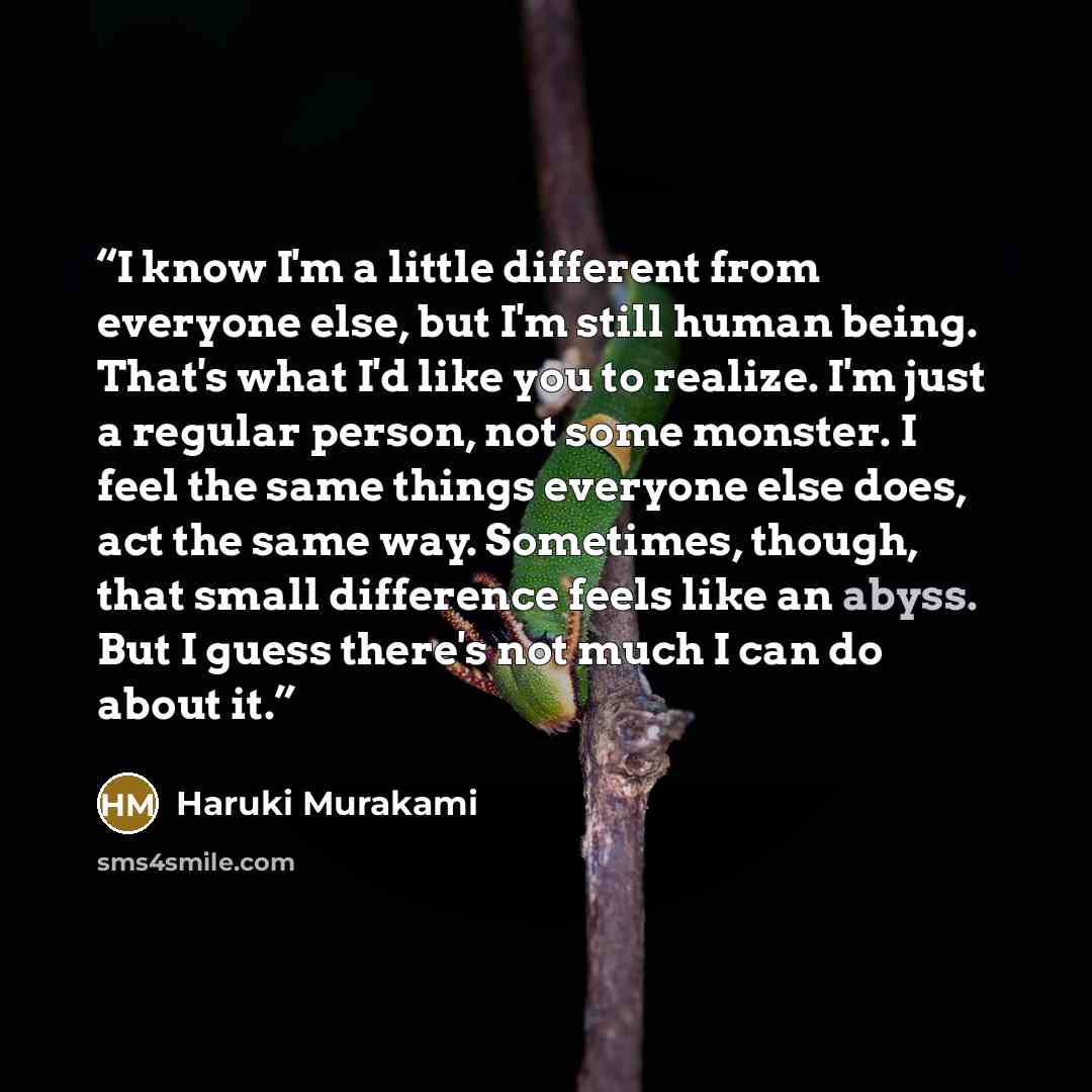 “I know I'm a little different from everyone else, but I'm still human being. That's what I'd like you to realize. I'm just a regular person, not some monster. I feel the same things everyone else does, act the same way. Sometimes, though, that small difference feels like an abyss. But I guess…” quote by Haruki Murakami