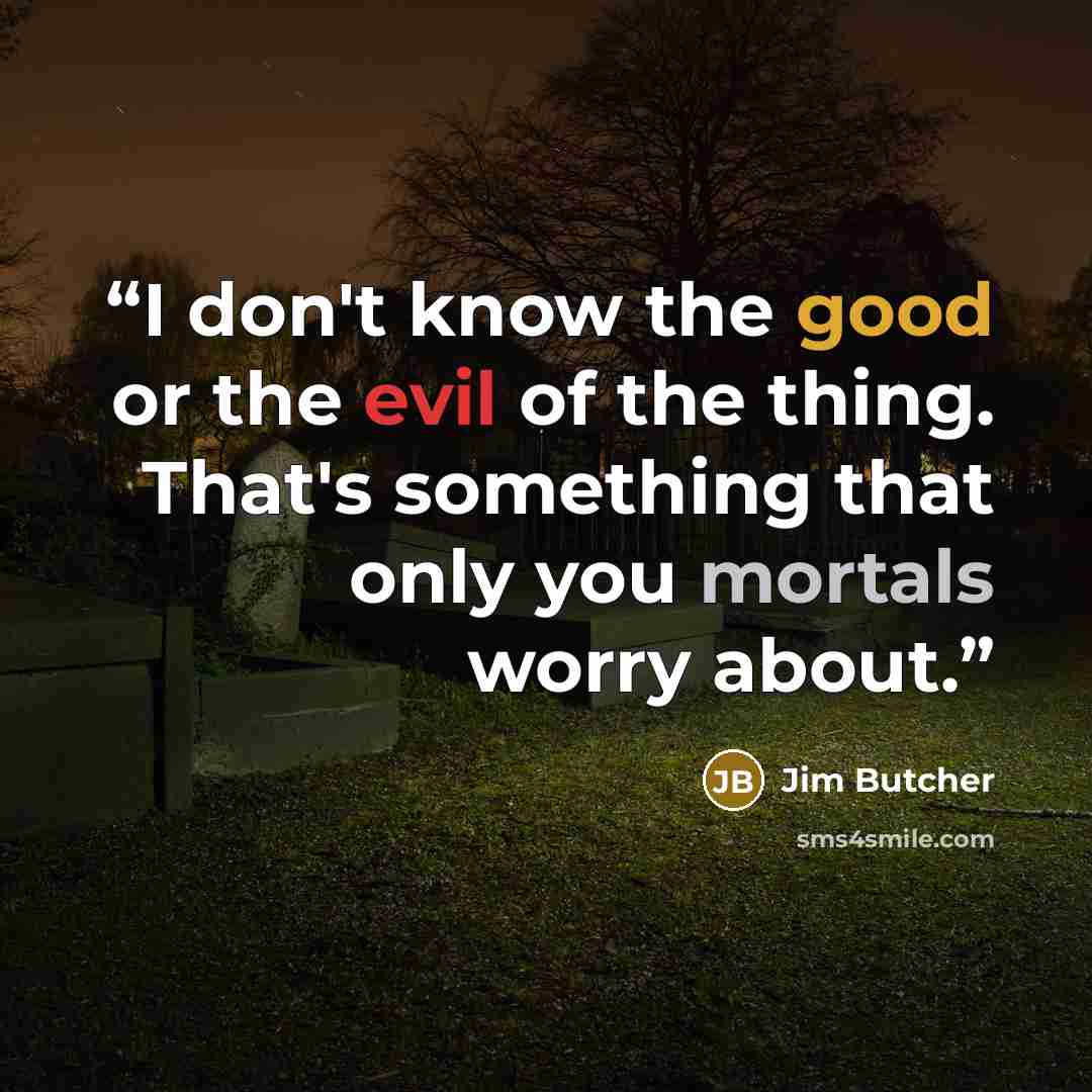 “I don't know the good or the evil of the thing. That's something that only you mortals worry about.” quote by Jim Butcher