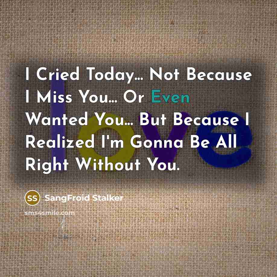 “I Cried Today... Not Because I Miss You... Or Even…” quote by SangFroid Stalker