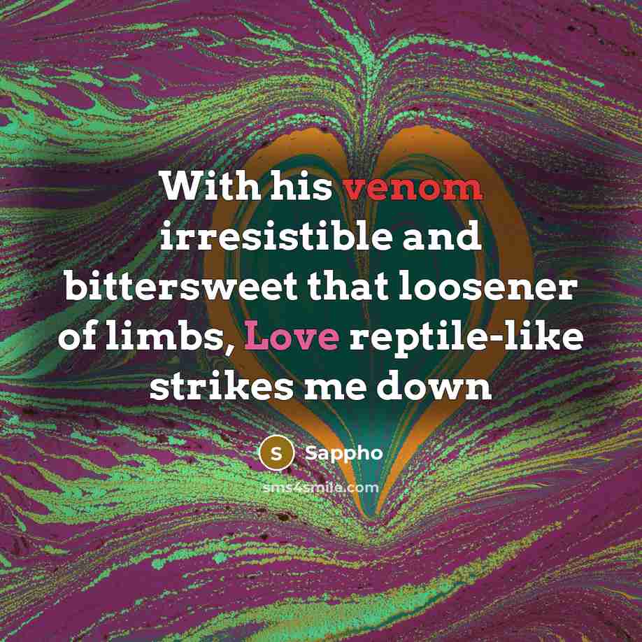 “With his venom irresistible and bittersweet that loosener of limbs,…” quote by Sappho