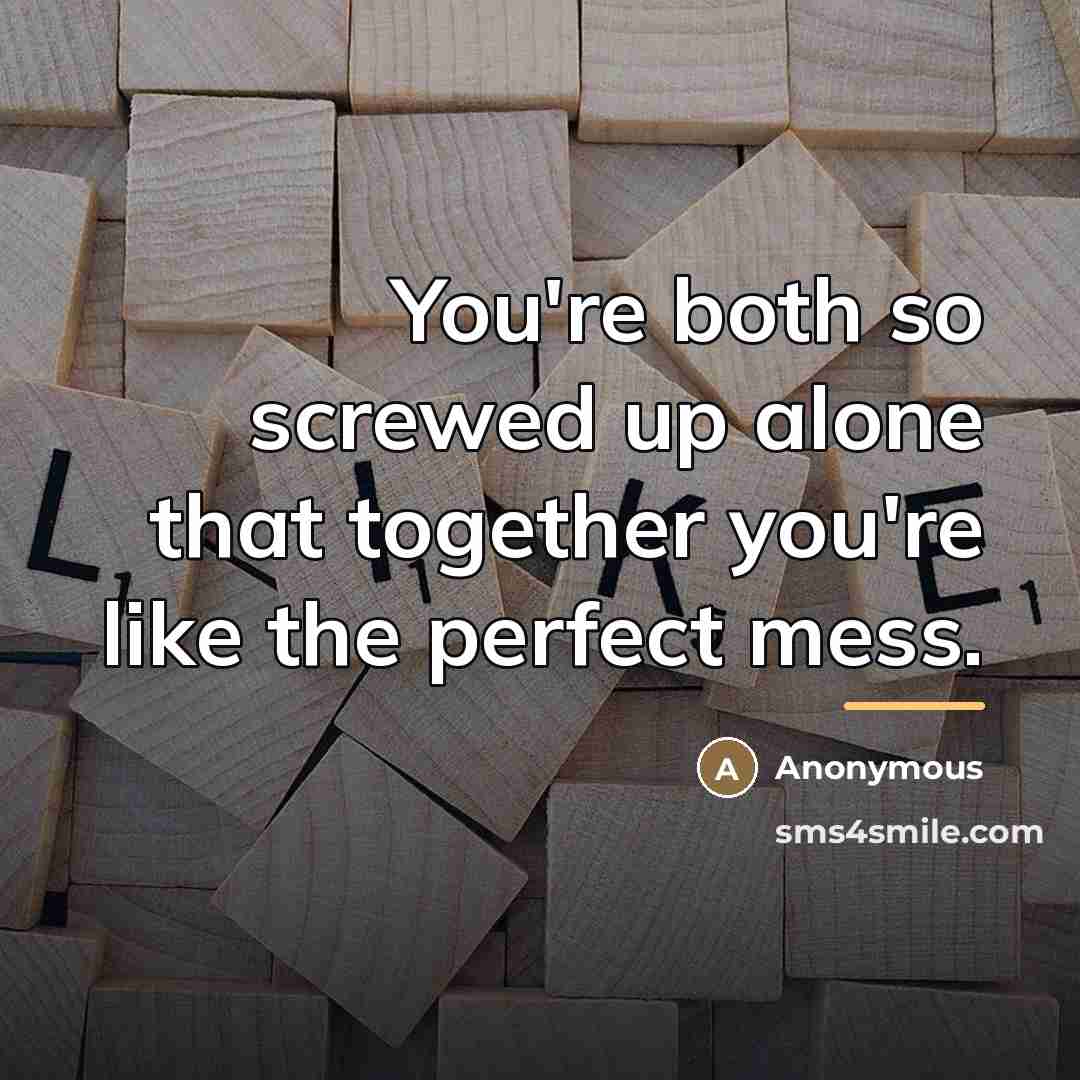 “You're both so screwed up alone that together you're like…” quote by Anonymous