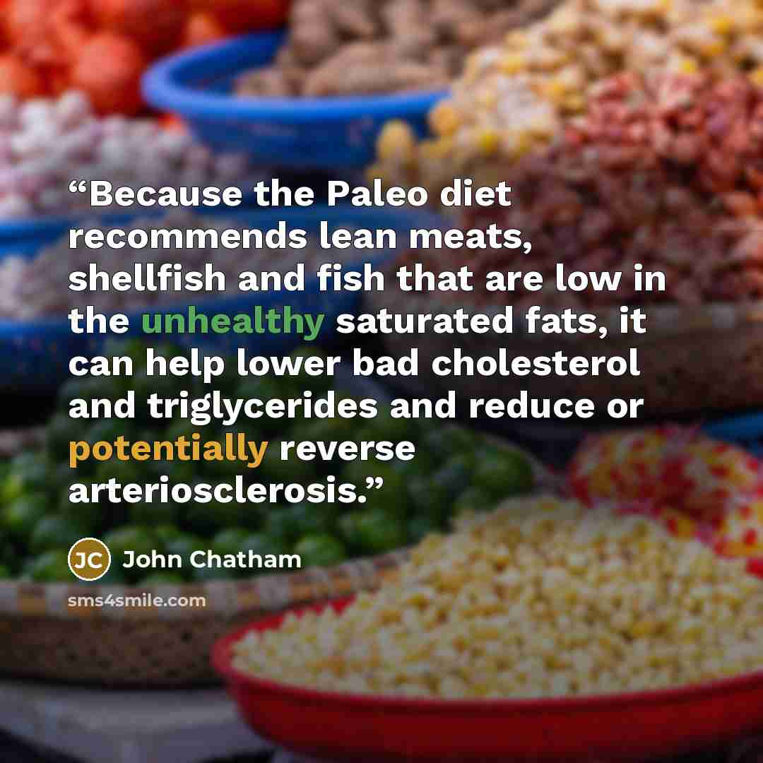“Because the Paleo diet recommends lean meats, shellfish and fish that are low in the unhealthy saturated fats, it can help lower bad cholesterol and triglycerides and reduce or potentially reverse arteriosclerosis.” quote by John Chatham
