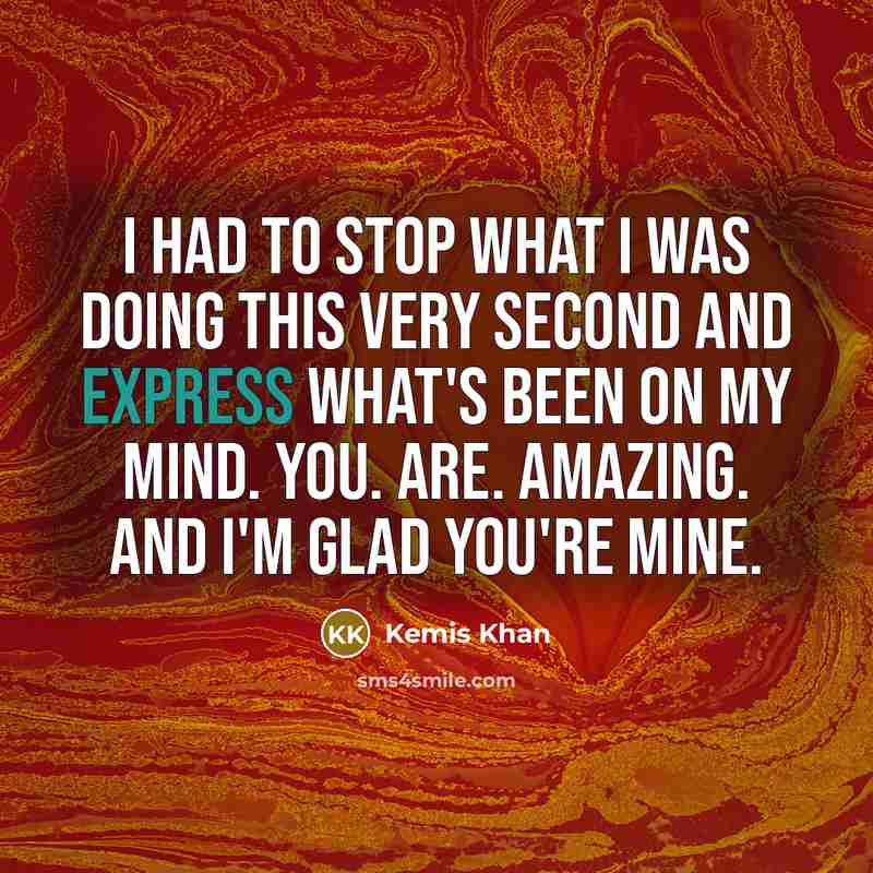 “I had to stop what I was doing this very second and express what's been on my mind. You. Are. Amazing. And I'm glad you're mine.” quote by Kemis Khan