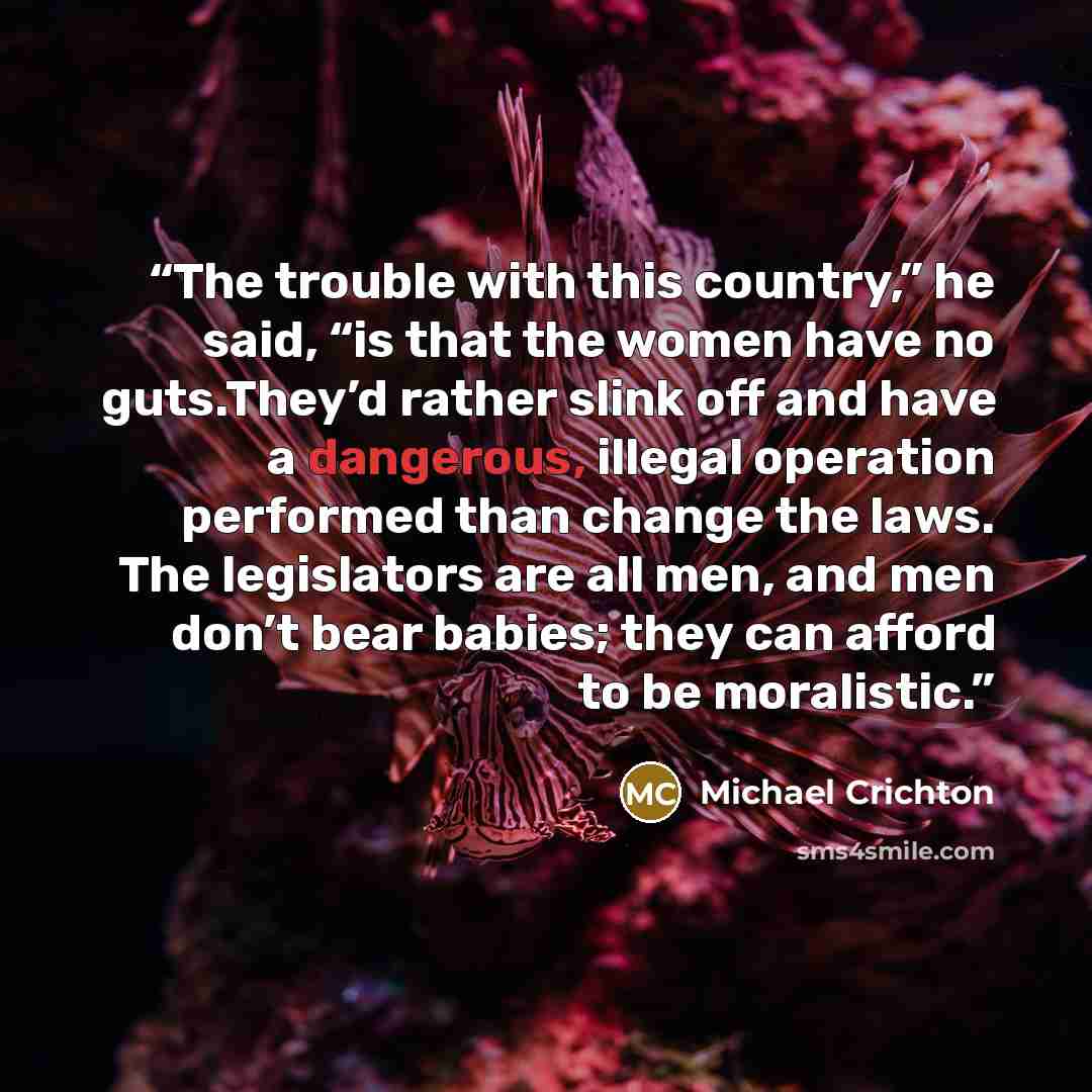 “The trouble with this country,” he said, “is that the women have no guts.They’d rather slink off and have a dangerous, illegal operation performed than change the laws. The legislators are all men, and men don’t bear babies; they can afford to be moralistic.” quote by Michael Crichton