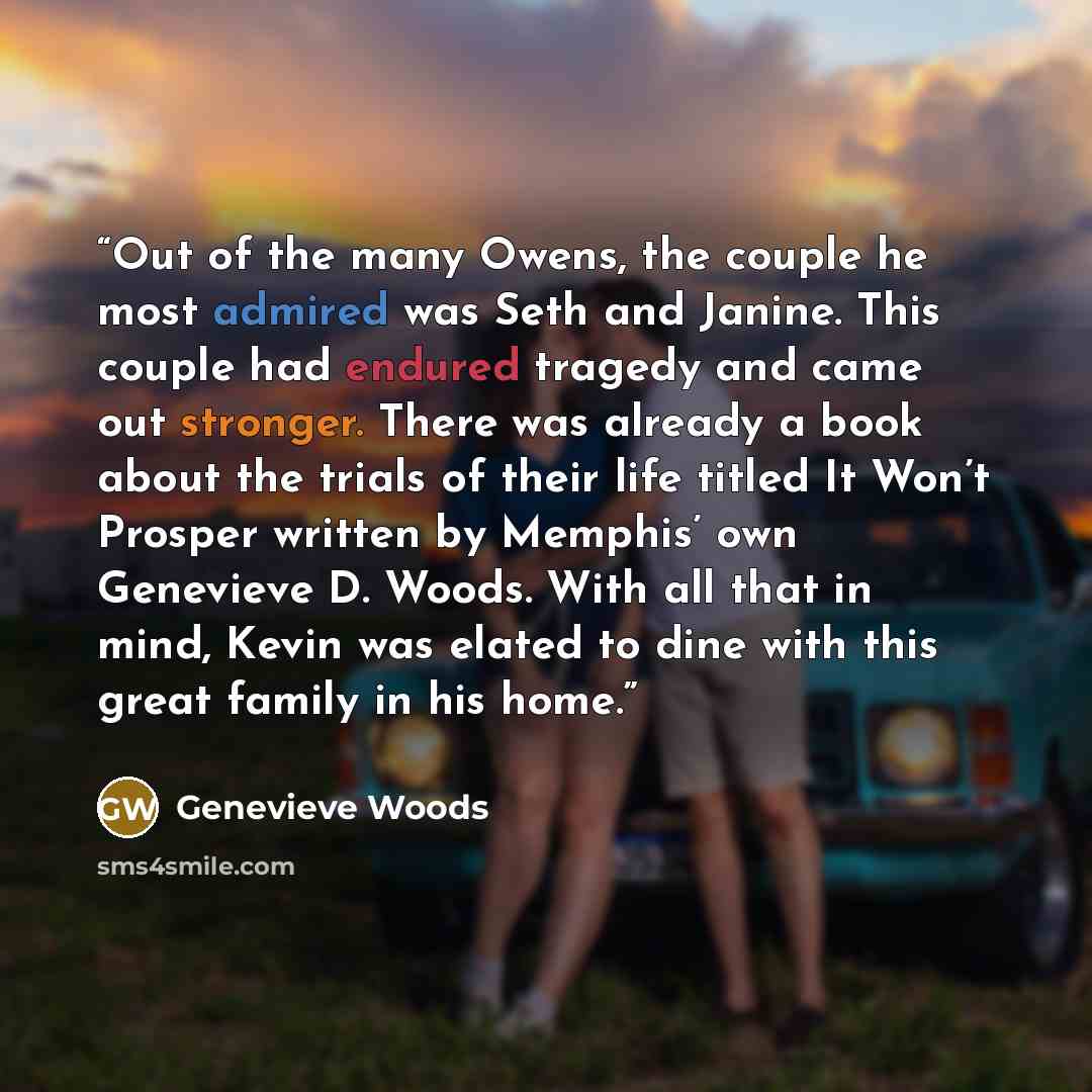 “Out of the many Owens, the couple he most admired was Seth and Janine. This couple had endured tragedy and came out stronger. There was already a book about the trials of their life titled It Won’t Prosper written by Memphis’ own Genevieve D. Woods. With all that in mind, Kevin was elated to dine…” quote by Genevieve Woods