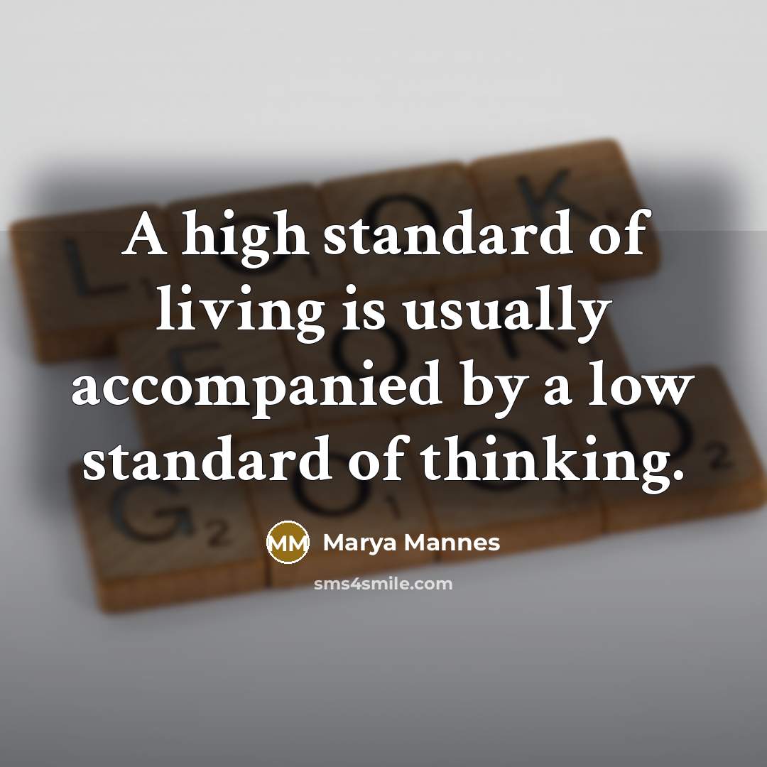 “A high standard of living is usually accompanied by a…” quote by Marya Mannes