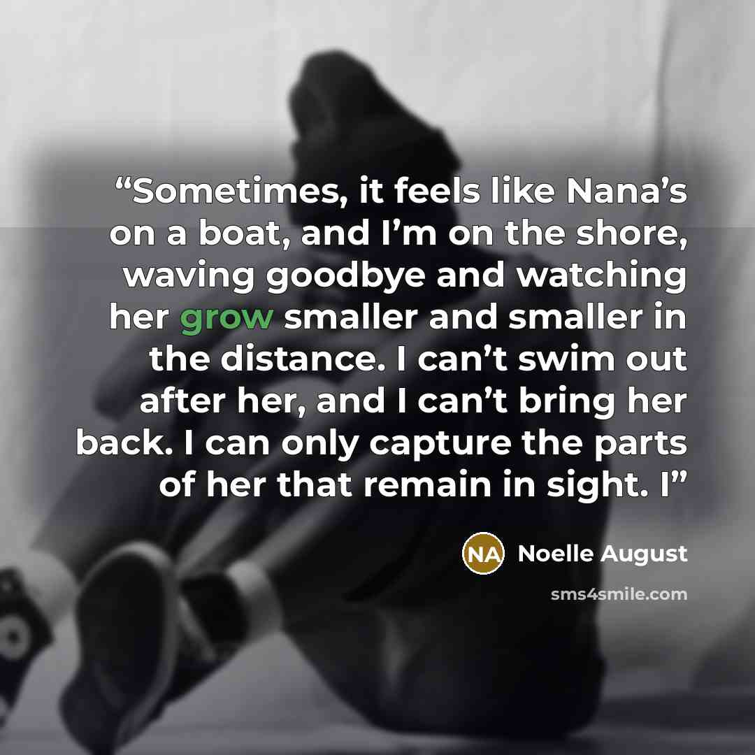 “Sometimes, it feels like Nana’s on a boat, and I’m on the shore, waving goodbye and watching her grow smaller and smaller in the distance. I can’t swim out after her, and I can’t bring her back. I can only capture the parts of her that remain in sight. I” quote by Noelle August