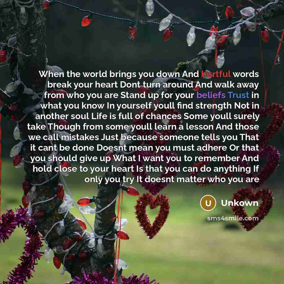 “When the world brings you down And hurtful words break your heart Dont turn around And walk away from who you are Stand up for your beliefs Trust in what you know In yourself youll find strength Not in another soul Life is full of chances Some youll surely take Though from some youll learn a…” quote by Unkown