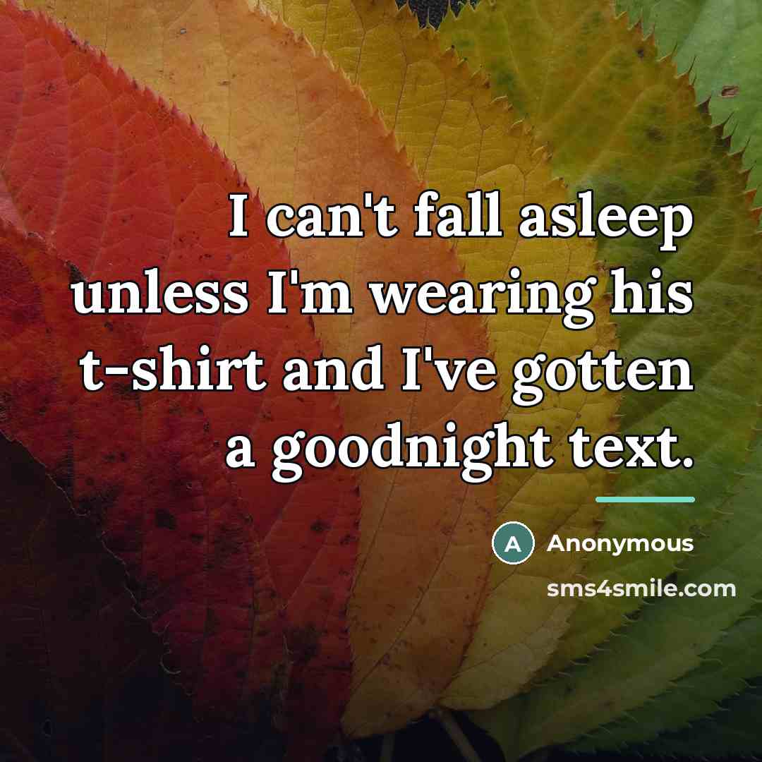 “I can't fall asleep unless I'm wearing his t-shirt and I've gotten a goodnight text.” quote by Anonymous