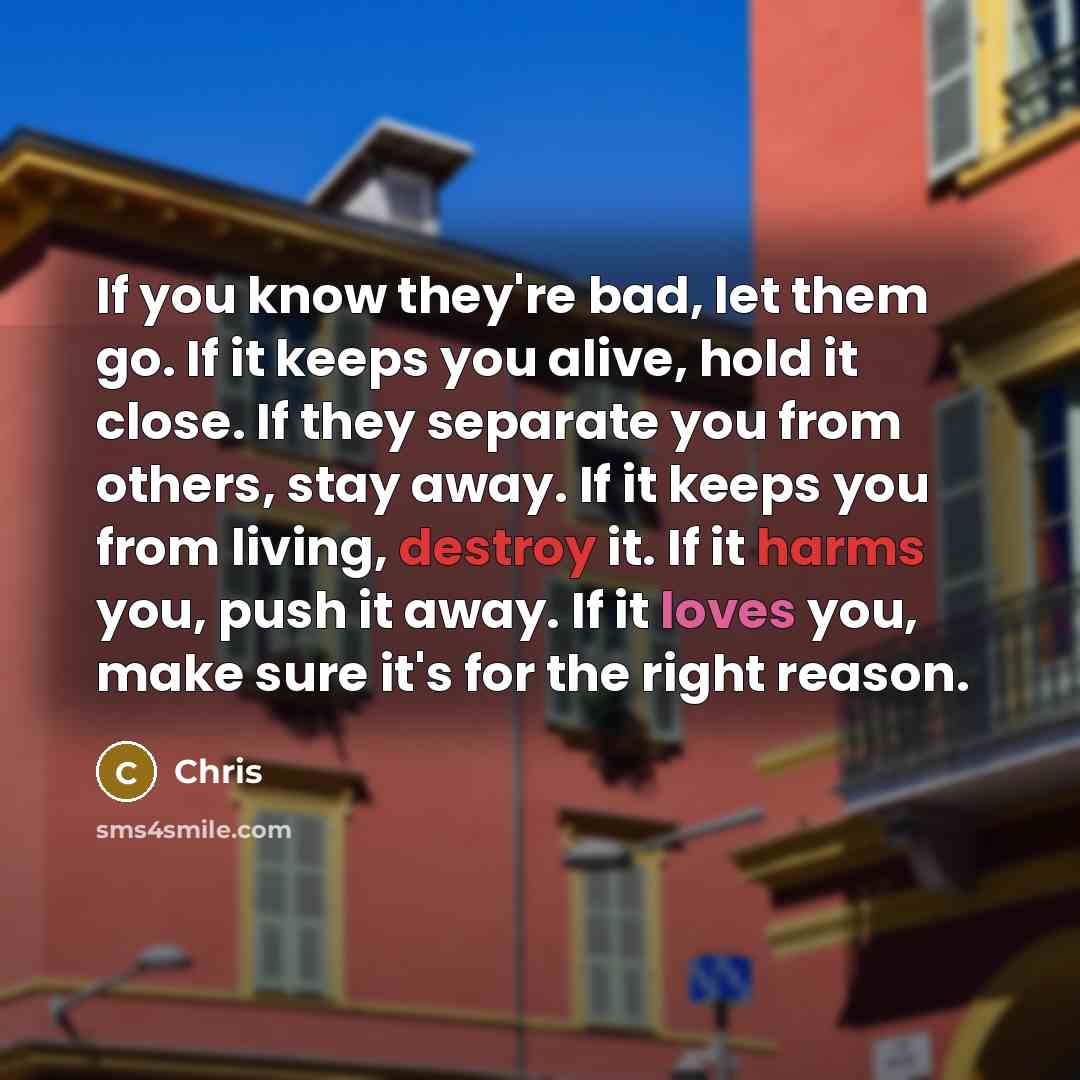“If you know they're bad, let them go. If it keeps you alive, hold it close. If they separate you from others, stay away. If it keeps you from living, destroy it. If it harms you, push it away. If it loves you, make sure it's for the right reason.” quote by Chris