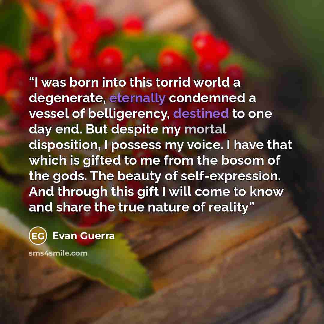 “I was born into this torrid world a degenerate, eternally condemned a vessel of belligerency, destined to one day end. But despite my mortal disposition, I possess my voice. I have that which is gifted to me from the bosom of the gods. The beauty of self-expression. And through this gift I will…” quote by Evan Guerra