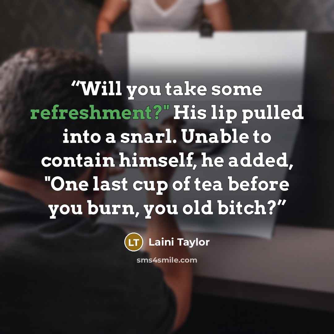 “Will you take some refreshment?" His lip pulled into a snarl. Unable to contain himself, he added, "One last cup of tea before you burn, you old bitch?” quote by Laini Taylor