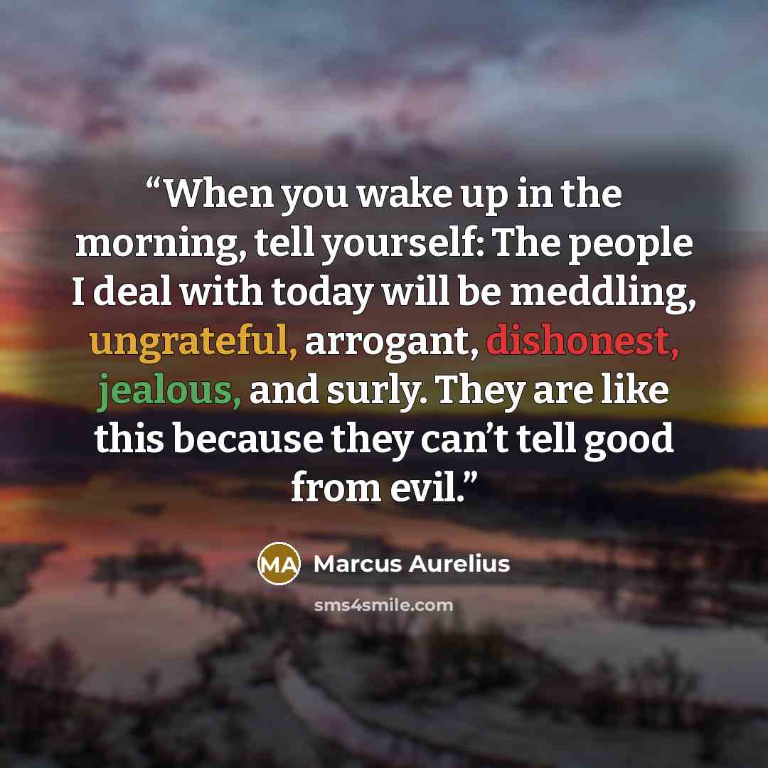 “When you wake up in the morning, tell yourself: The people I deal with today will be meddling, ungrateful, arrogant, dishonest, jealous, and surly. They are like this because they can’t tell good from evil.” quote by Marcus Aurelius