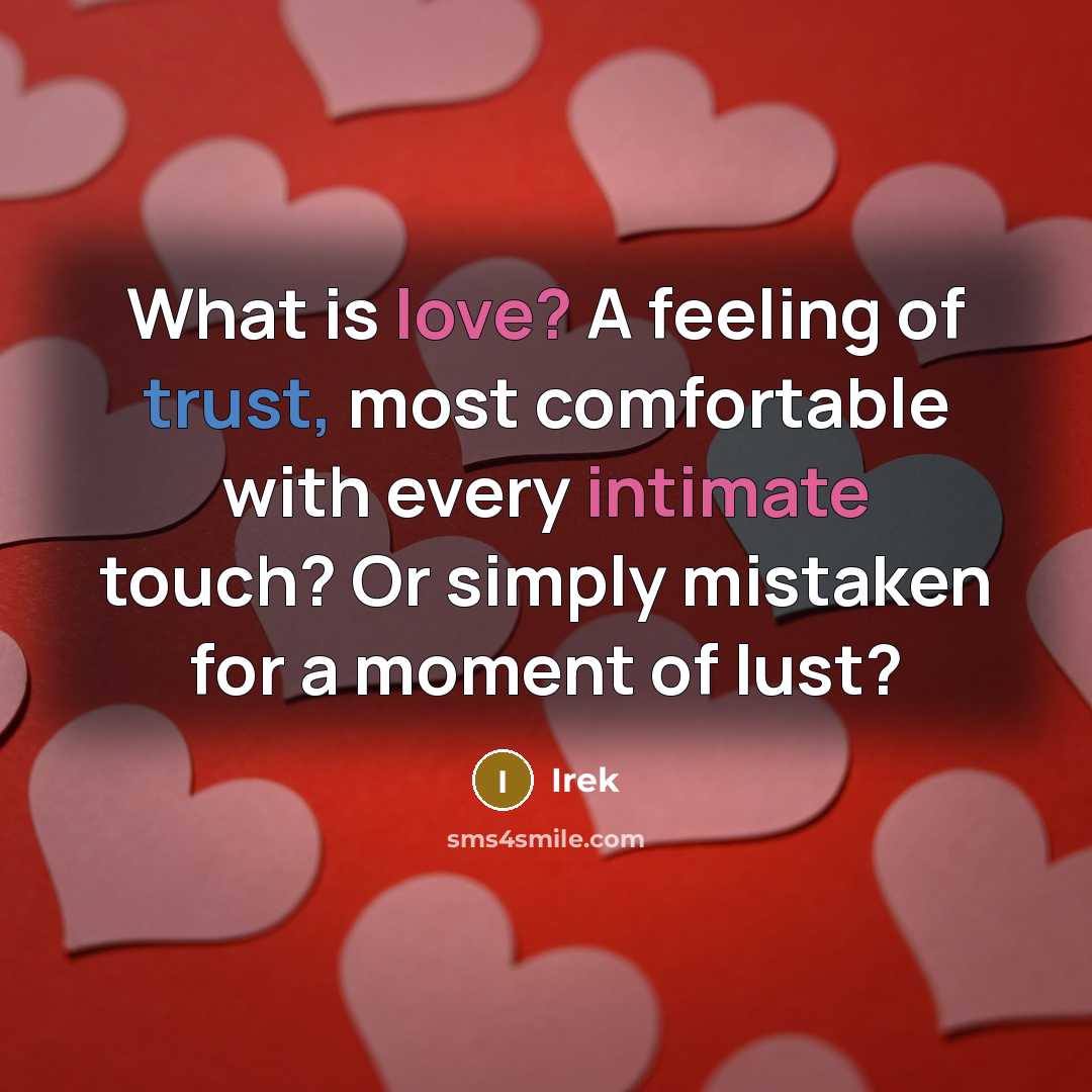 “What is love? A feeling of trust, most comfortable with every intimate touch? Or simply mistaken for a moment of lust?” quote by Irek
