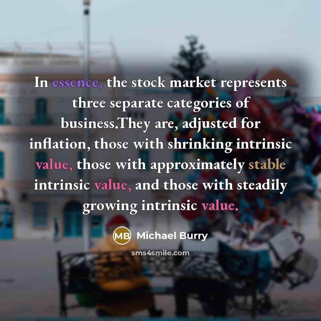 “In essence, the stock market represents three separate categories of business.They are, adjusted for inflation, those with shrinking intrinsic value, those with approximately stable intrinsic value, and those with steadily growing intrinsic value.” quote by Michael Burry