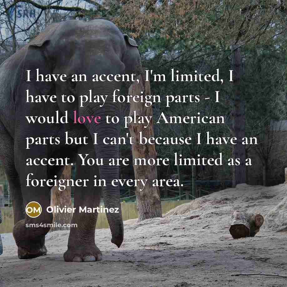 “I have an accent, I'm limited, I have to play foreign parts - I would love to play American parts but I can't because I have an accent. You are more limited as a foreigner in every area.” quote by Olivier Martinez