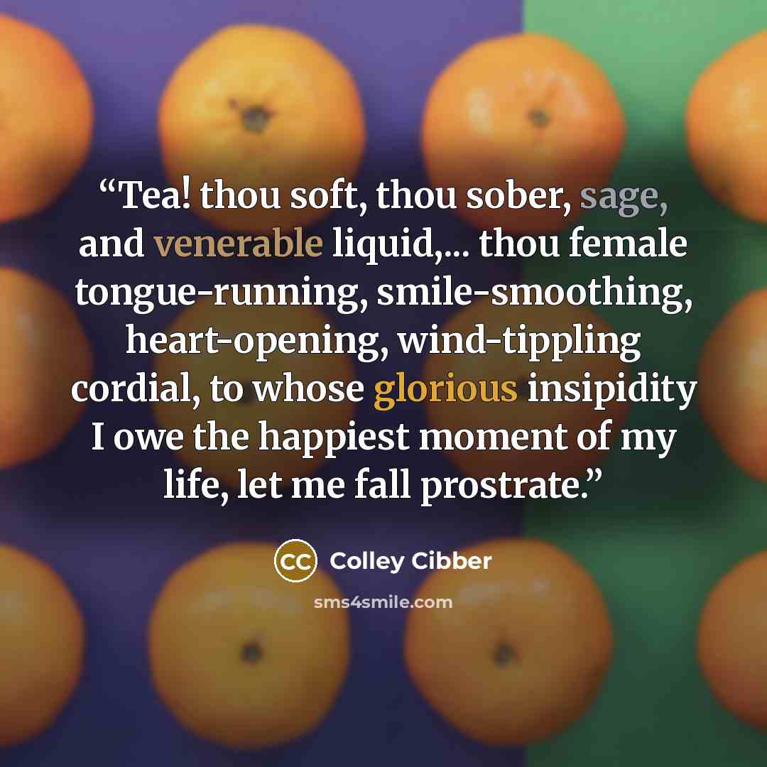 “Tea! thou soft, thou sober, sage, and venerable liquid,... thou female tongue-running, smile-smoothing, heart-opening, wind-tippling cordial, to whose glorious insipidity I owe the happiest moment of my life, let me fall prostrate.” quote by Colley Cibber