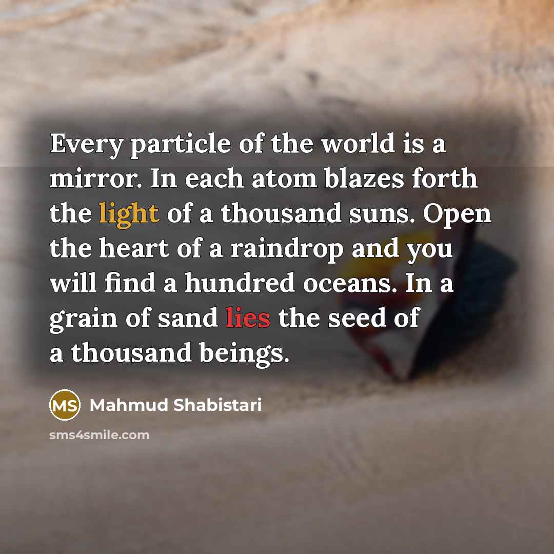 “Every particle of the world is a mirror. In each…” quote by Mahmud Shabistari