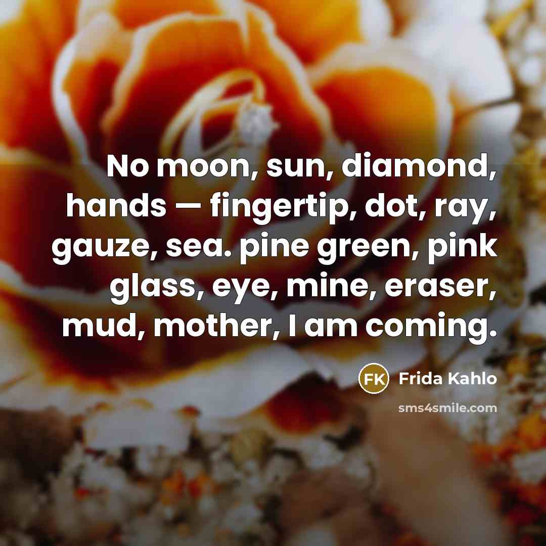 “No moon, sun, diamond, hands — fingertip, dot, ray, gauze, sea. pine green, pink glass, eye, mine, eraser, mud, mother, I am coming.” quote by Frida Kahlo