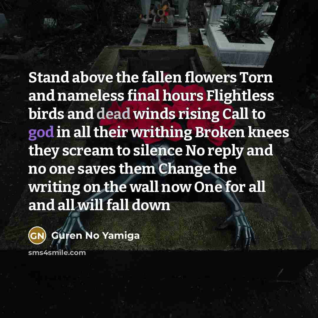 “Stand above the fallen flowers Torn and nameless final hours Flightless birds and dead winds rising Call to god in all their writhing Broken knees they scream to silence No reply and no one saves them Change the writing on the wall now One for all and all will fall down” quote by Guren No Yamiga