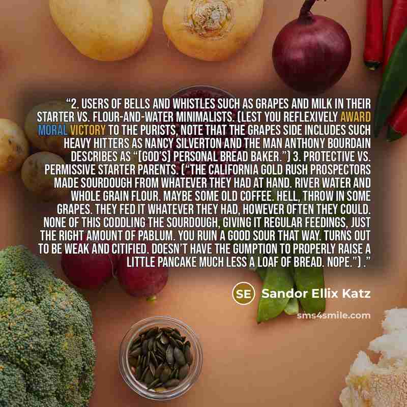 “2. Users of bells and whistles such as grapes and milk in their starter vs. flour-and-water minimalists. (Lest you reflexively award moral victory to the purists, note that the grapes side includes such heavy hitters as Nancy Silverton and the man Anthony Bourdain describes as “[God’s] personal…” quote by Sandor Ellix Katz