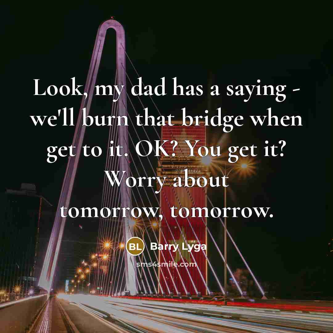 “Look, my dad has a saying - we'll burn that bridge when get to it. OK? You get it? Worry about tomorrow, tomorrow.” quote by Barry Lyga