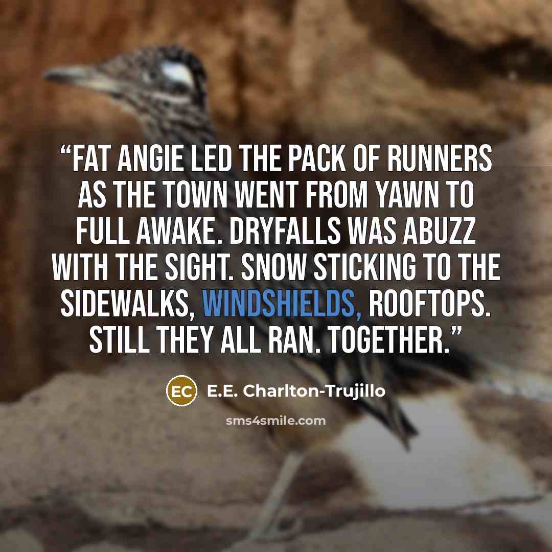 “Fat Angie led the pack of runners as the town went from yawn to full awake. Dryfalls was abuzz with the sight. Snow sticking to the sidewalks, windshields, rooftops. Still they all ran. Together.” quote by E.E. Charlton-Trujillo