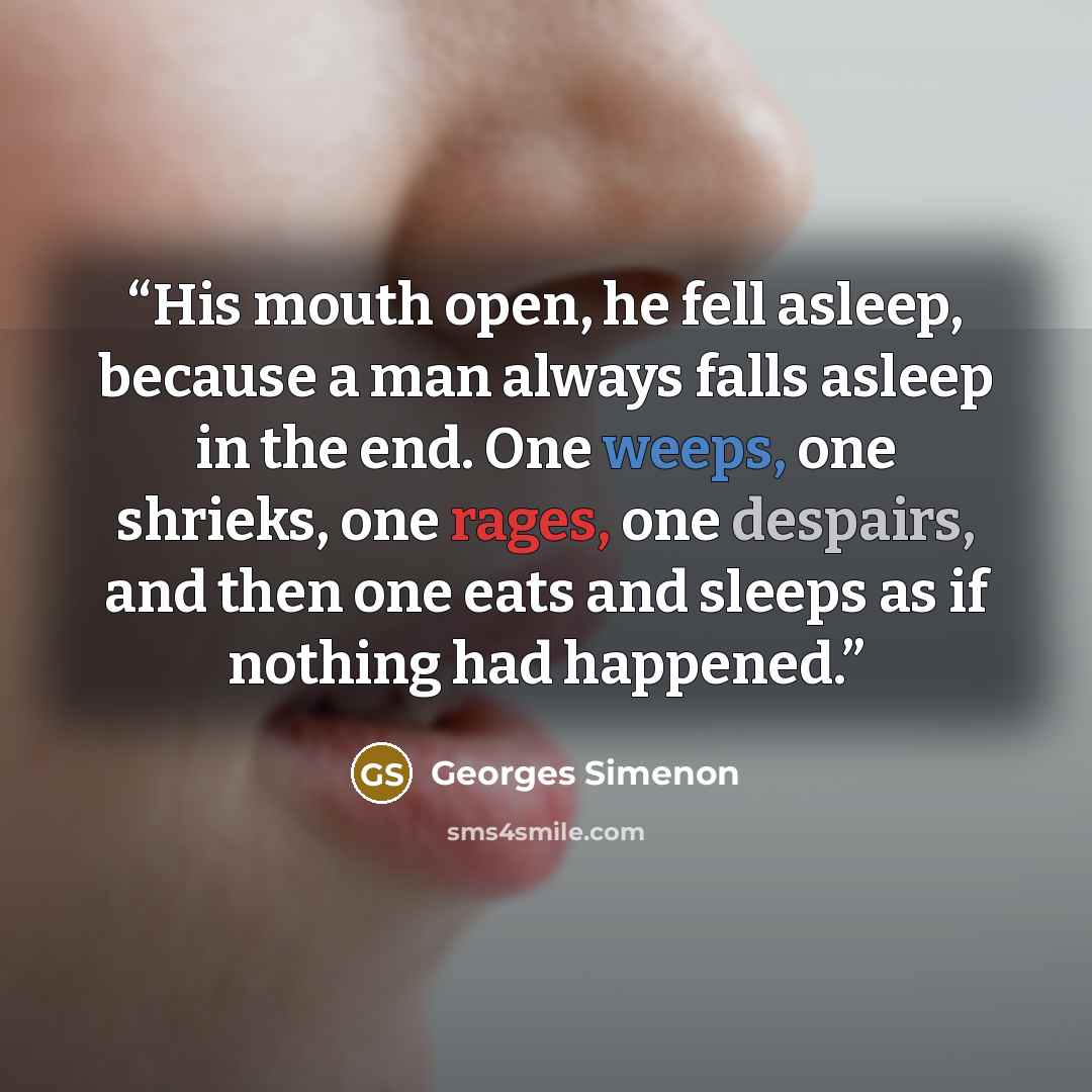 “His mouth open, he fell asleep, because a man always falls asleep in the end. One weeps, one shrieks, one rages, one despairs, and then one eats and sleeps as if nothing had happened.” quote by Georges Simenon